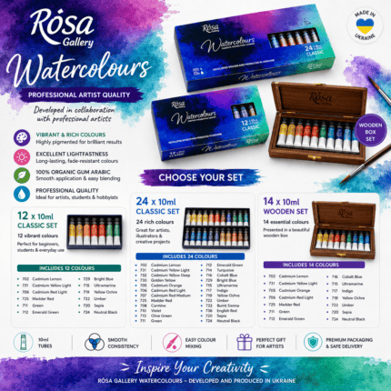 Rosa Gallery professional watercolour paint sets 12 24 and 14 colours 10ml tubes